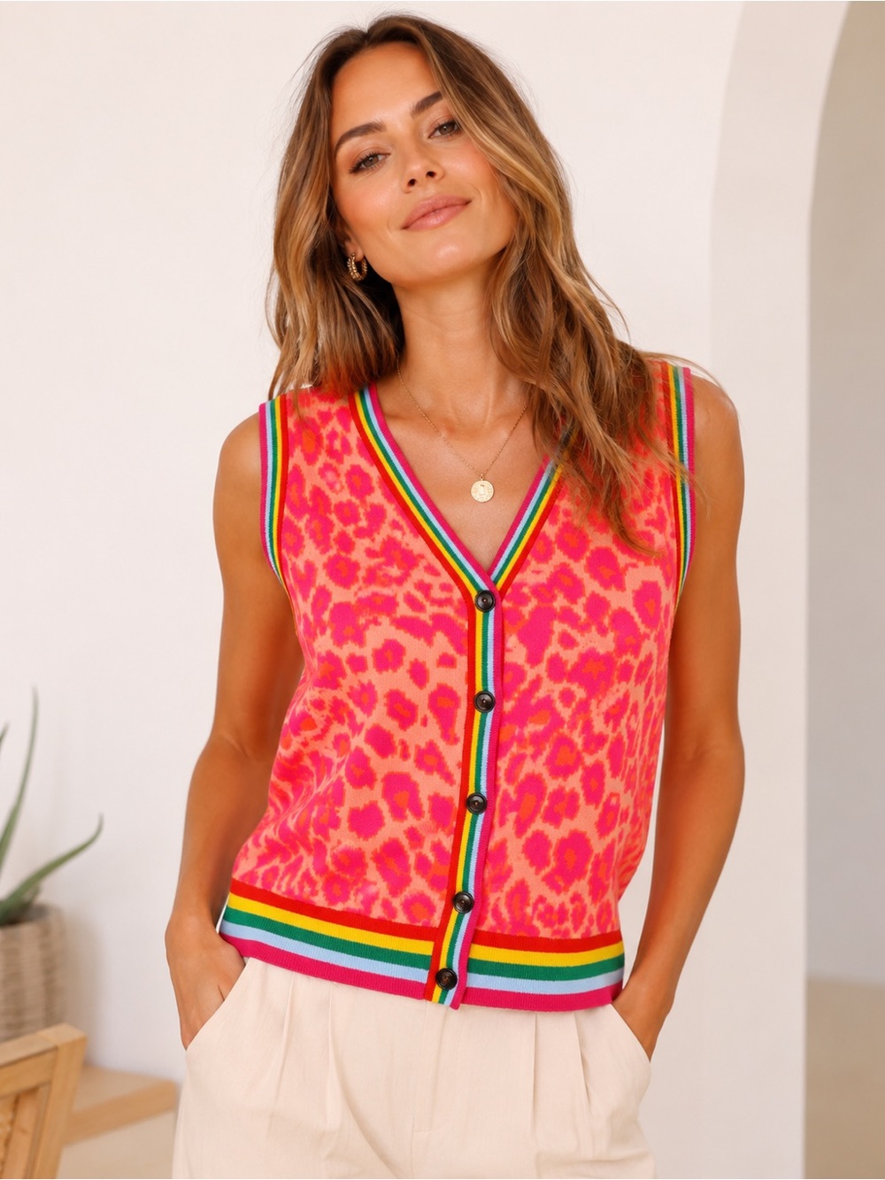 Jodifl Neon Pink & Orange Leopard Knit cardigan Vest NWT Medium
